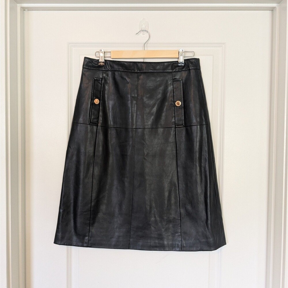 Liz Claiborne Career Faux Leather Skirt Womens 10 Black A-Line Gold Buttons - Picture 2 of 9